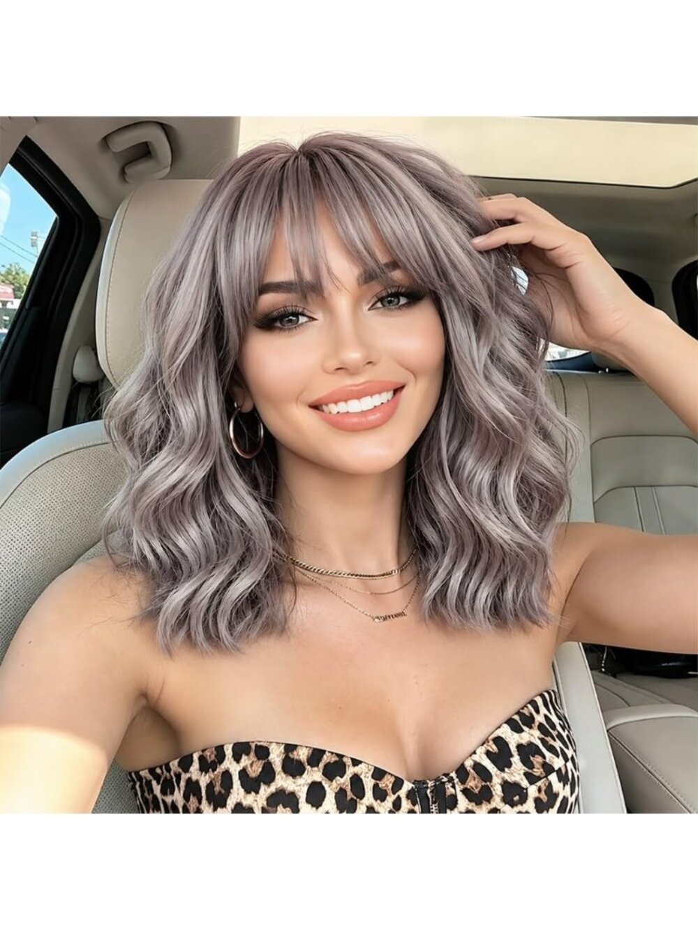 Women's Silver Grey Wavy Synthetic Shoulder Length Sweetie Bob Wig Bangs